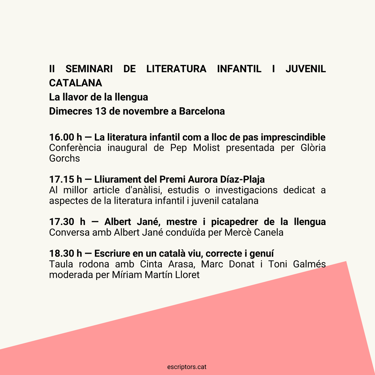 AELC (@escriptorsaelc) on Twitter photo 👧 El 13 de novembre organitzem el II Seminari de LIJ: "La llavor de la llengua".
Serà a Barcelona, a la @bibmabello, no te'l perdis!
Més detalls: escriptors.cat/agenda/seminar… 👧 El 13 de novembre organitzem el II Seminari de LIJ: "La llavor de la llengua".
Serà a Barcelona, a la @bibmabello, no te'l perdis!
Més detalls: escriptors.cat/agenda/seminar…