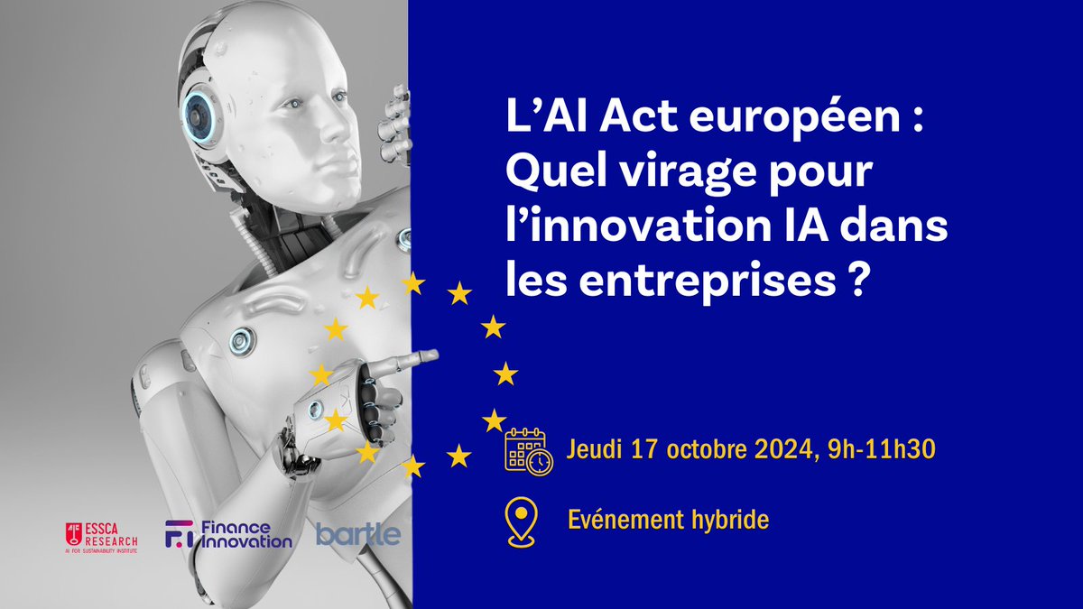 ESSCA EU*Asia Institute (@essca_eu_asia) on Twitter photo L'EU AI Act, véritable avancée ou frein pour l'innovation ?
Venez échanger sur l'impact de cette régulation européenne sur l'innovation avec des experts et entreprises leaders.
🗓 Jeu 17 oct. 24 🕘 9h-11h30
📍 <a href="/financeinnov/">Finance Innovation</a>, Paris et 💻 en ligne
RSVP: essca-knowledge.fr/tous-les-artic… L'EU AI Act, véritable avancée ou frein pour l'innovation ?
Venez échanger sur l'impact de cette régulation européenne sur l'innovation avec des experts et entreprises leaders.
🗓 Jeu 17 oct. 24 🕘 9h-11h30
📍 <a href="/financeinnov/">Finance Innovation</a>, Paris et 💻 en ligne
RSVP: essca-knowledge.fr/tous-les-artic…