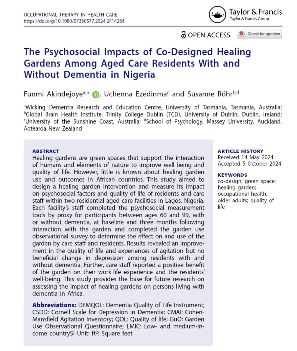 Happy to share that our study on The Psychosocial Impacts of Co-Designed Healing Gardens Among Aged Care Residents With and Without Dementia in Nigeria has now been published.
<a href="/Ezedinma_Law/">EL</a> <a href="/SusanneRoehr/">Susanne Röhr</a> 
doi.org/10.1080/073805…