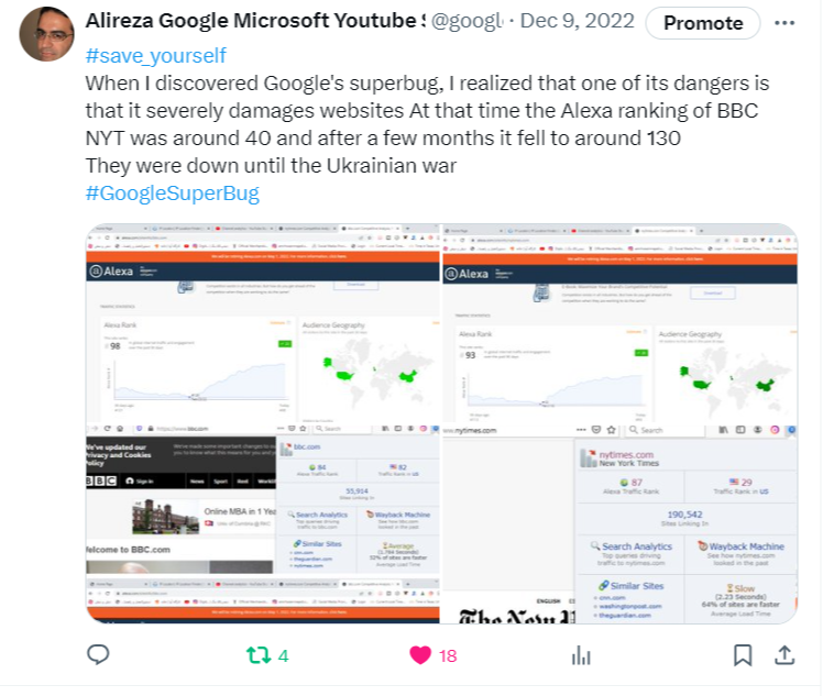 googlesuperbug's tweet image. Warning again to
@sundarpichai CEO of @Google
Watch the video of Bing's devastating crisis
Google has yet to find its super bug
The Alexa statistics of the New York Times and the BBC news which had greatly decreased due to the #Googlesuperbug
Google is also facing a big crisis