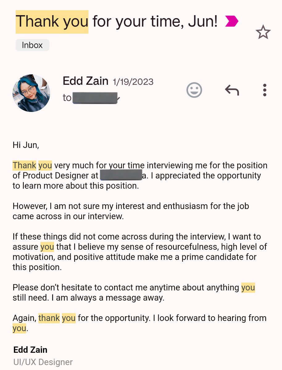 eddthinksdesign's tweet photo. Send email cakap thank you sebab interview you. Mention sikit butir perbualan yang you ingat.

Tak perlu panjang2. Ini juga satu opportunity untuk mention benda yg you lupa sebut sewaktu interview.

Nah contoh sebenar: https://t.co/lIFFkR2Nrc