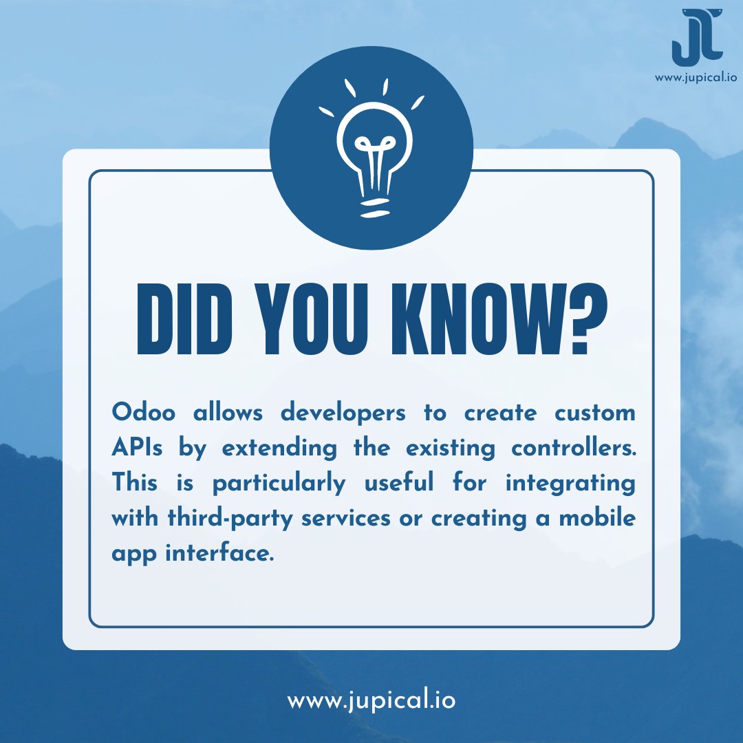 JupicalTech's tweet image. Looking to expand your Odoo functionality?

Odoo&apos;s flexibility offers endless possibilities! 

#odoo #customapis #development #odooerp #gitexglobal #odooerp #marketing #business #smallbusiness #smallbusinessowner #businessowners #ceo #didyouknow #jupical #jupicaltechnologies