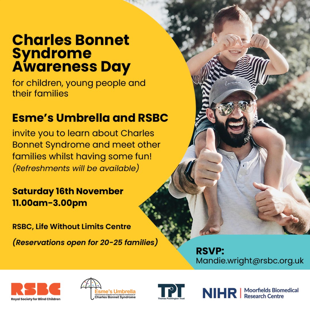RSBC and <a href="/esmesumbrella/">Esme's Umbrella</a>, awareness charity for Charles Bonnet Syndrome are raising awareness about Charles Bonnet Syndrome (CBS). Join us Sat 16th Nov for practical advice and support to parents who want to learn about CBS.

Sign-up: rsbc.org.uk/events/esmes-u… #CharlesBonnetSyndrome