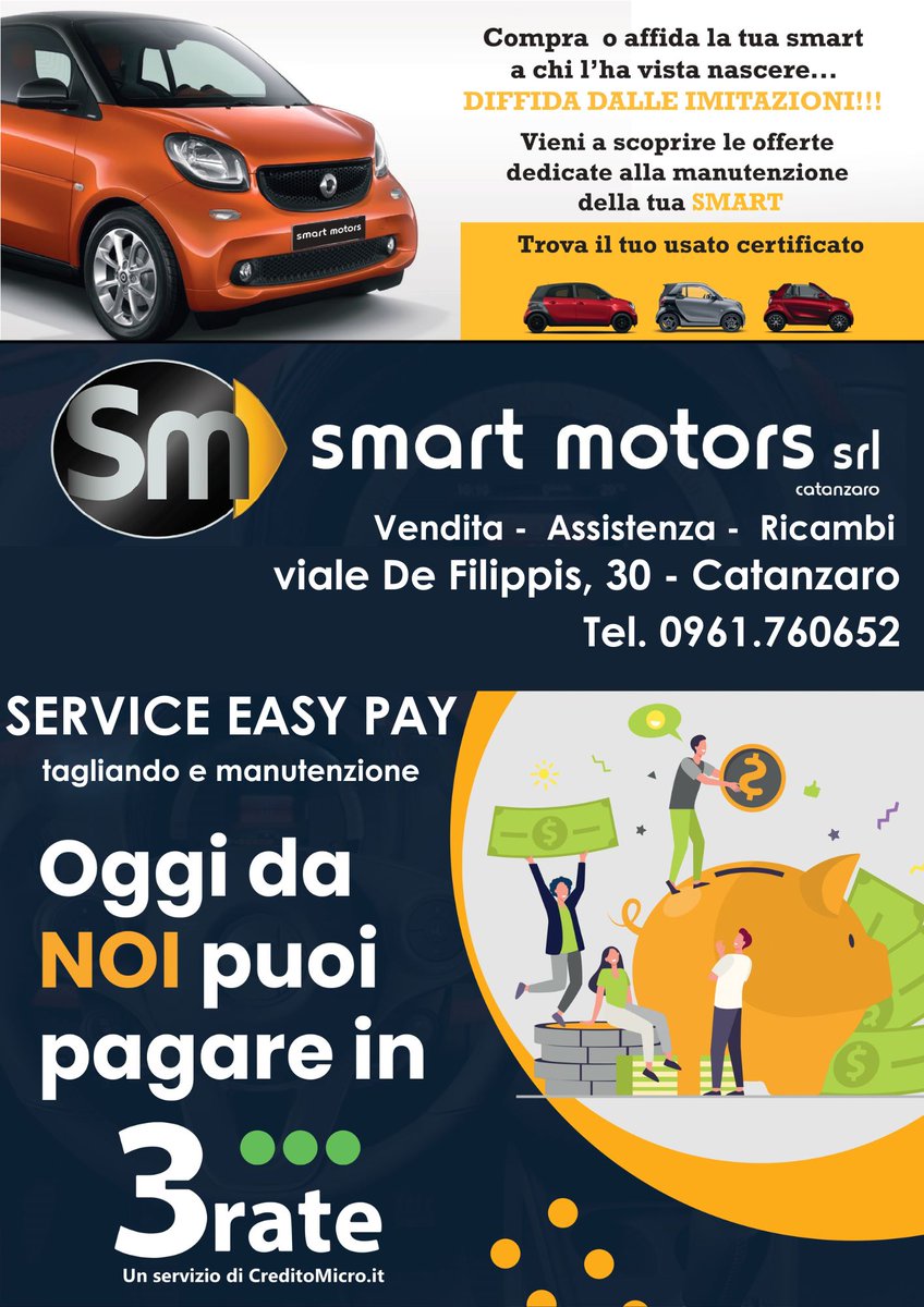PolePositionCZ's tweet image. Smartmotors
Vieni a scoprire le offerte dedicate alla tua #Smart
SERVICE EASY PAY
tagliando, manutenzione, ricambi, ecc
Oggi da noi puoi pagare in 3 rate!
#PolePosition #PolePositionCZ #Catanzaro #Calabria #annunci #pubblicità #adv #advertising #ad #concessionariasmart #car #cars