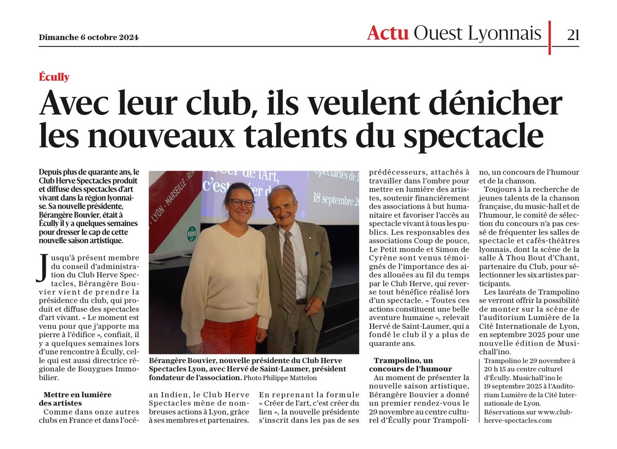Club HERVE Spectacles de Lyon dans la presse !
Un grand merci au journal Lyonnais <a href="/leprogreslyon/">Le Progrès Lyon</a>  Progrès pour son article.

Rendez-vous le 29 novembre, à 20h15, au Centre Culturel d'Ecully pour assister à notre concours Trampolino. Dernières places : billetweb.fr/trampolino-2024