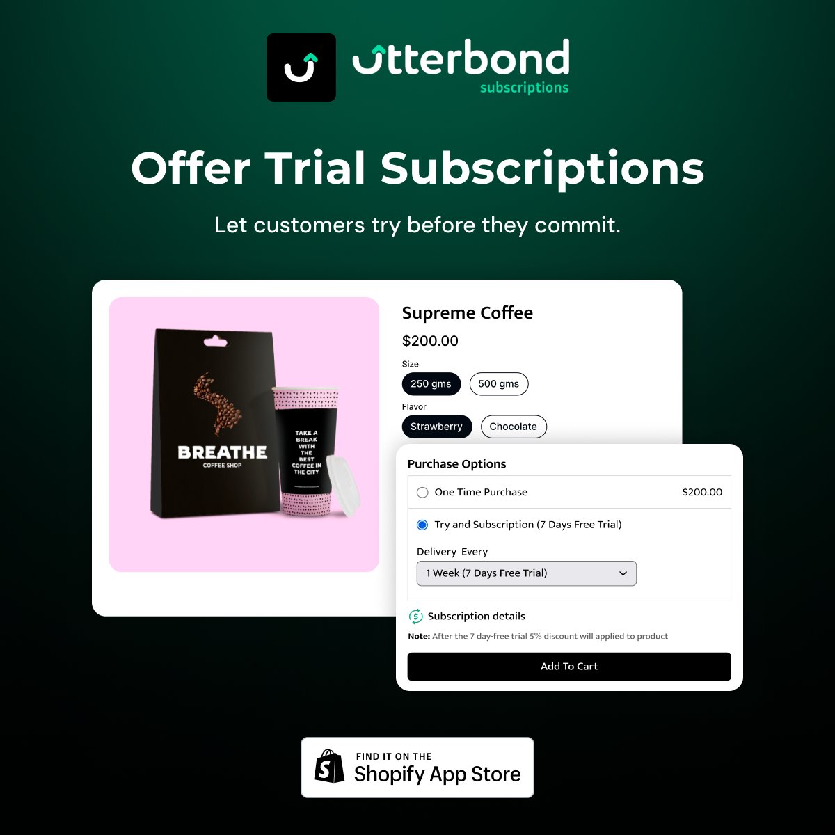 🎁 Ready to boost your subscription sales? Our new Offer Trial feature lets customers test your products with a trial period and special discounts. 

Try it out now! 🚀:  shorturl.at/bfK8S

#EcommerceTips #Shopify #subscription #trial #subscription #products #utterbond