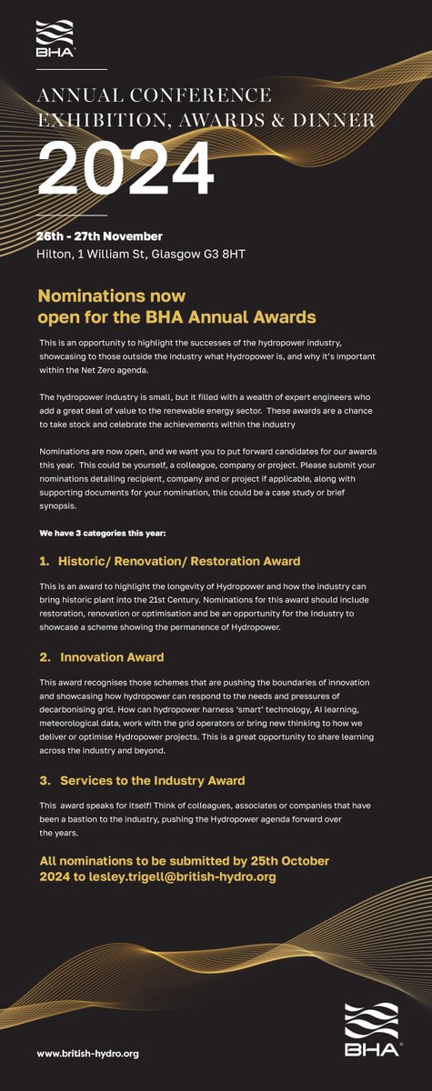 ✨BHA AC 2024: Award Nominations still open! ✨
Nominations now open for the following awards for our Annual Conference:
Historic Renovation
Innovation
Service to Industry
Please email lesley.trigell@british-hydro.org for more information and if you wish to nominate a candidate