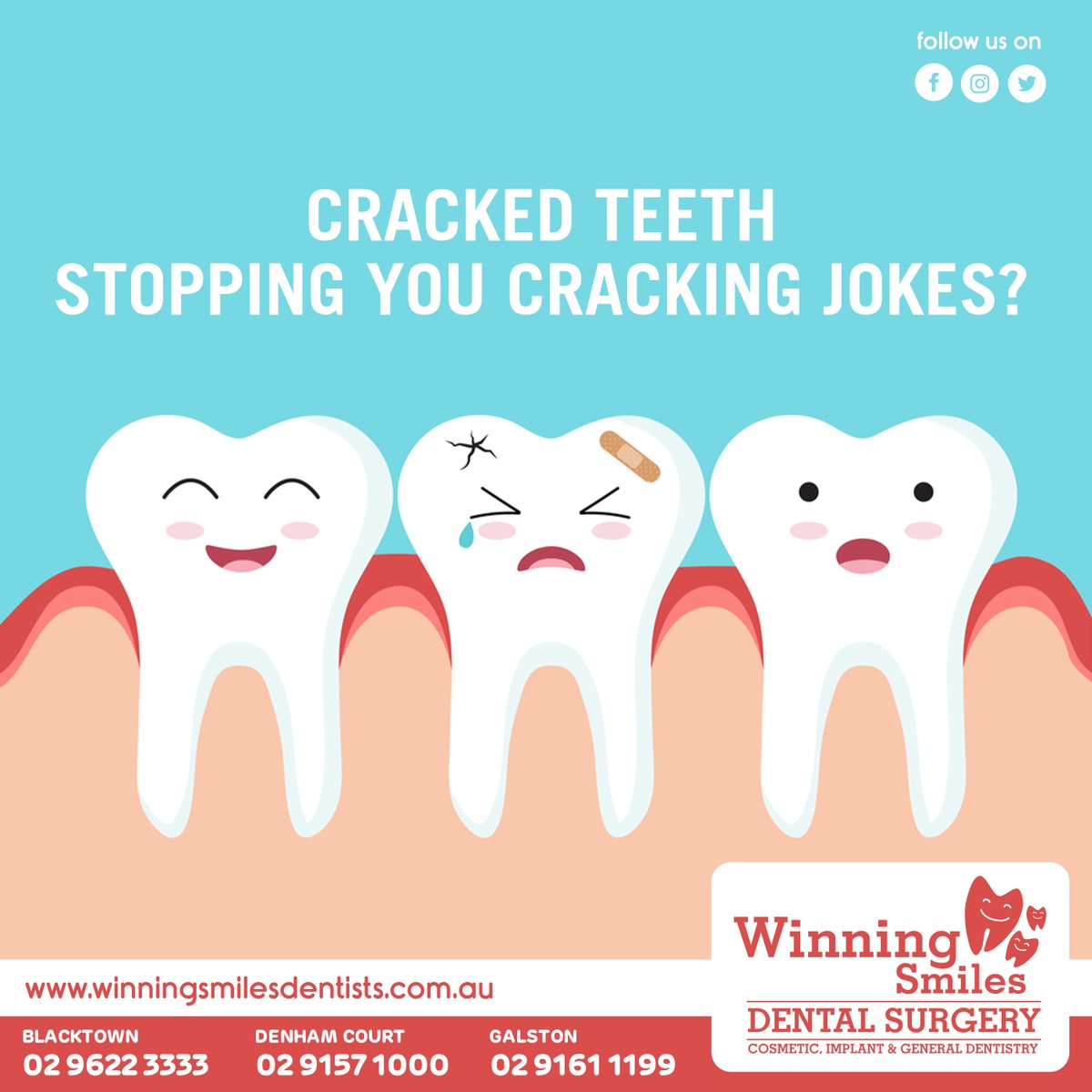 WinningsSmiles's tweet image. Laughter is the best medicine. And Winning Smile’s first-class cosmetic dentistry is the best medicine for your cracked teeth. Contact Winning Smiles today and start laughing again.

#Winningsmiles #Crackedteeth #Cosmeticdentistry #Galston #Blacktown #Denhamcourt