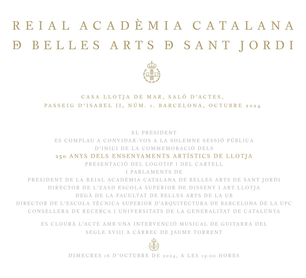 🎇Estem de celebració!
👉Aquest dimecres 16 d’octubre inaugurem les commemoracions del 250è aniversari dels ensenyaments artístics de l’Escola de Llotja. 
⭐️Com sempre, esteu convidades!