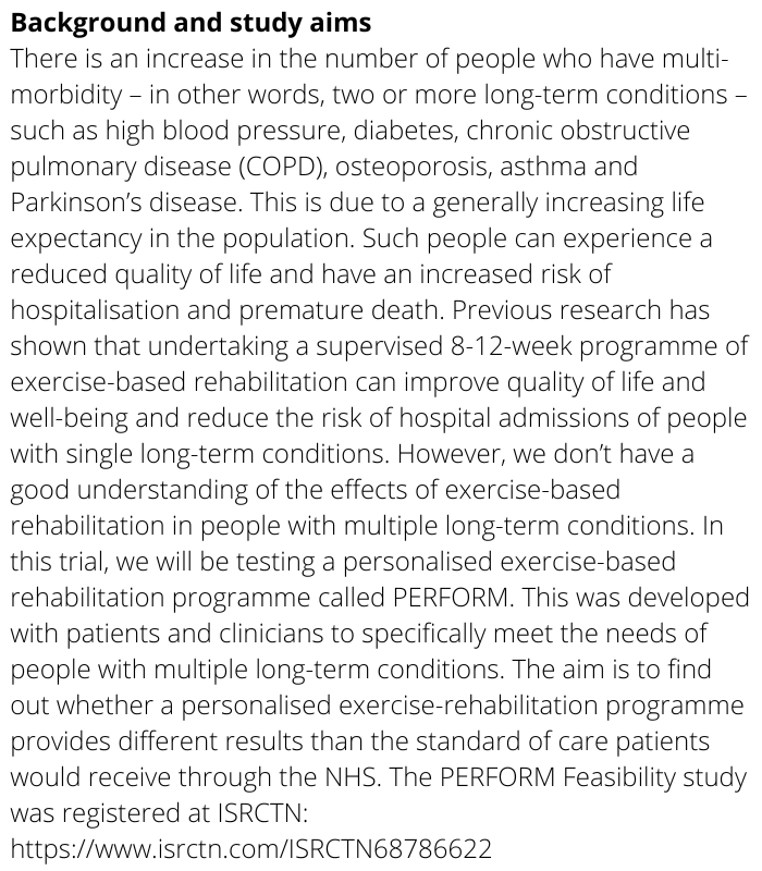 ISRCTN: the UK's Clinical Study Registry (@isrctn) on Twitter photo Personalised exercise rehabilitation for people with multiple long-term conditions: Main Trial. The PERFORM study registered at #ISRCTN by <a href="/PerformTrial/">PERFORM Trial</a>
isrctn.com/ISRCTN59323331
#clinicaltrials Personalised exercise rehabilitation for people with multiple long-term conditions: Main Trial. The PERFORM study registered at #ISRCTN by <a href="/PerformTrial/">PERFORM Trial</a>
isrctn.com/ISRCTN59323331
#clinicaltrials