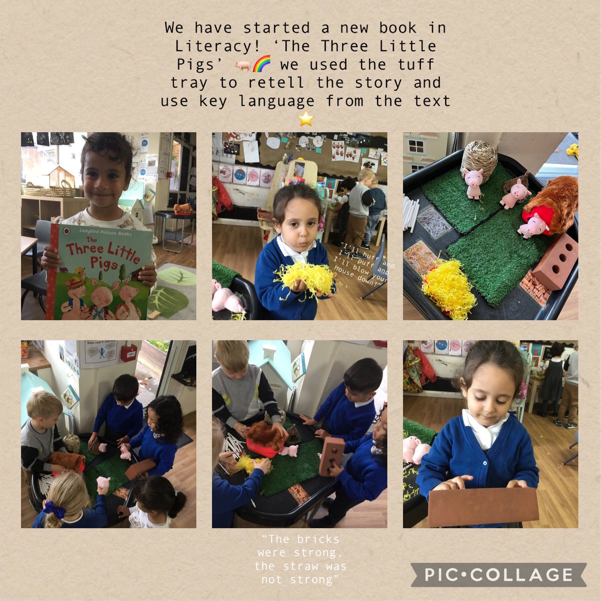 We have started a new book in Literacy! ‘The Three Little Pigs’🐖🌈 we used the tuff tray to retell the story and use key language from the text⭐️ We discussed which material was ‘strong’ and which material was ‘not strong’ for The Three Little Pigs to use to build their house🏡
