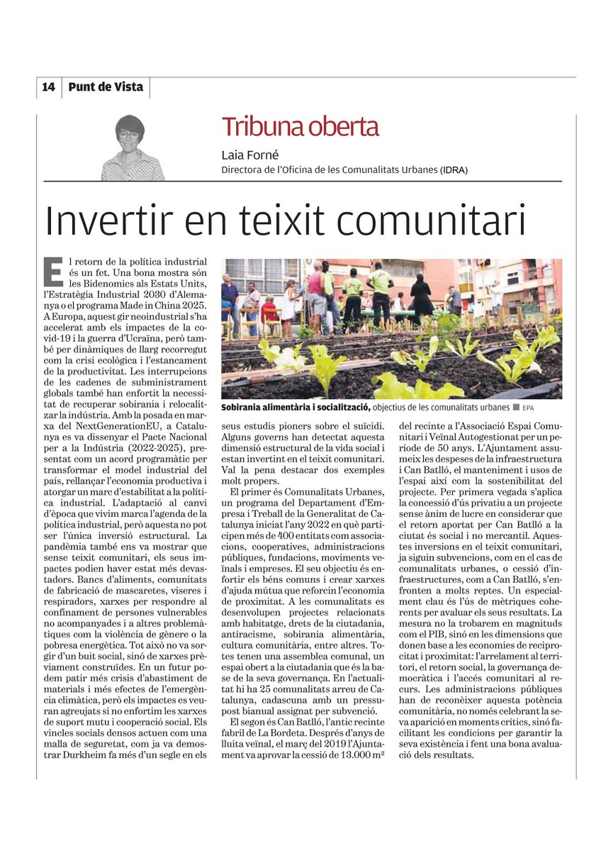 idrabcn's tweet photo. Hem d'enfortir les xarxes de suport mutu per afrontar les crisis que vindran.

La política industrial ha tornat a les agendes polítiques, però l'actual canvi d'època demana un nou horitzó.

Cal invertir en teixit comunitari.

✍️Laia Forné a @elpuntavui
https://t.co/TtHEgKfuMq https://t.co/ykCl6StjjJ