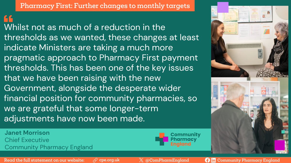 Ministers to amend Pharmacy First payment thresholds for the rest of the year following concerns raised by Community Pharmacy England. Changes announced today by Ali Sparke, NHS England at the #pharmacyshow. 

Commenting on the decision to amend the thresholds,  Our CEO,