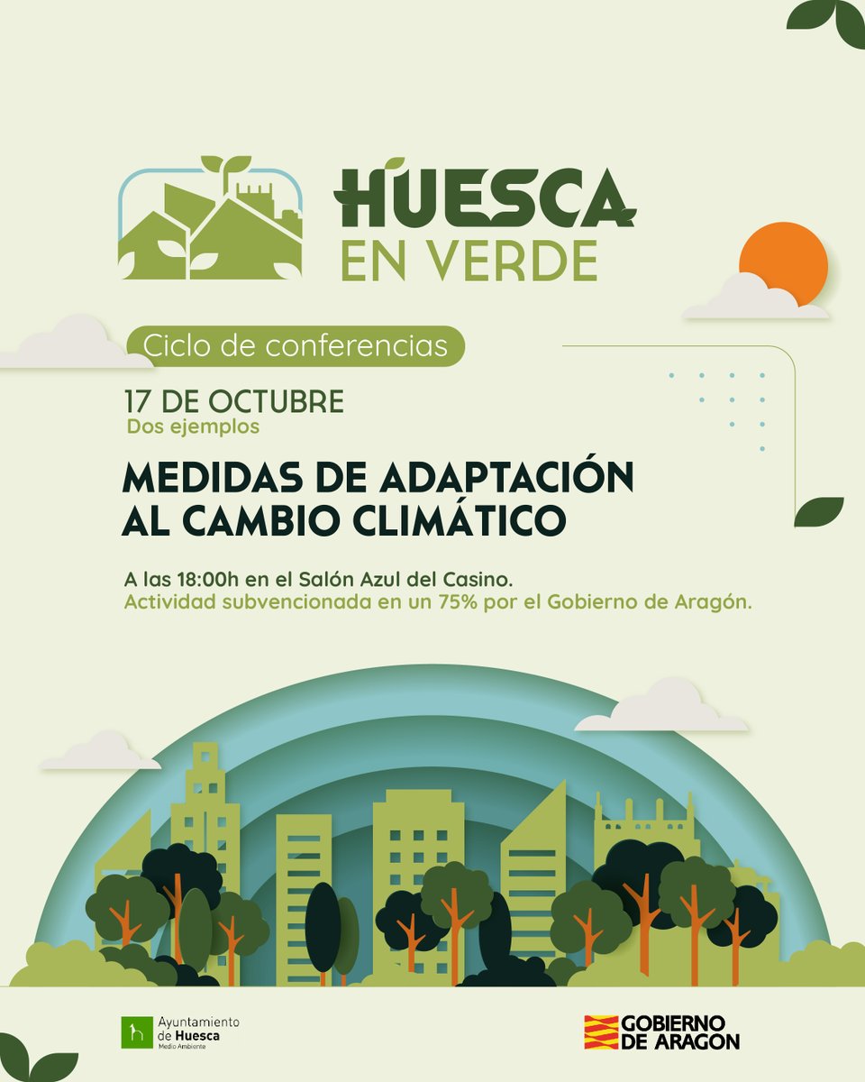 CITAAragon's tweet photo. 📢 Ciclo de conferencias Huesca en verde: "Medidas de adaptación al cambio climático"🌥️
📆 17 de octubre
🕐 18:00h
📍 Salón Azul del Casino (Huesca)
🗣️ Participa la investigadora del CITA Raquel Salvador, con una charla sobre el proyecto #DigiWaGU https://t.co/HlWxth0dVm