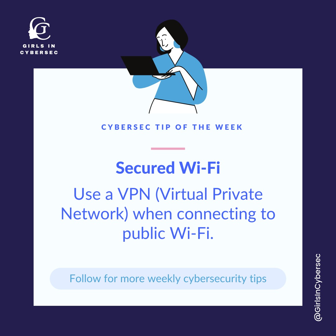 GirlsInCybersec's tweet photo. Keep your connection to a network private by using a VPN to protect your data from hackers when using public Wi-Fi networks. 

Additionally, ensure your home Wi-Fi is secure by using a strong password and enabling the highest encryption settings.

#CybersecurityAwarenessMonth https://t.co/AlPZanXwDx
