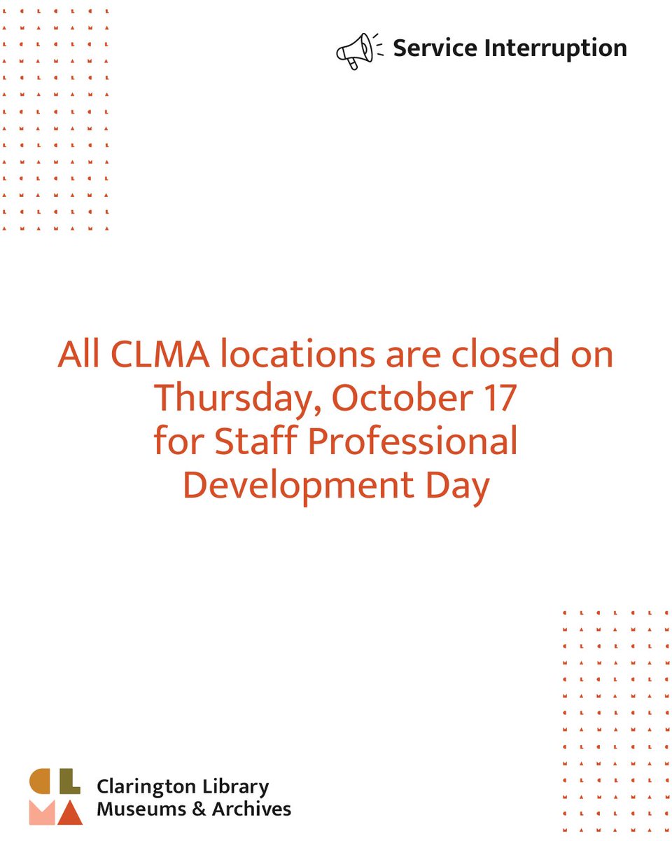 📣 Service Interruption: All CLMA locations will be closed on Thursday, October 17 for Staff Professional Development Day. 
...................
Virtual services are available anytime at cplma.ca!