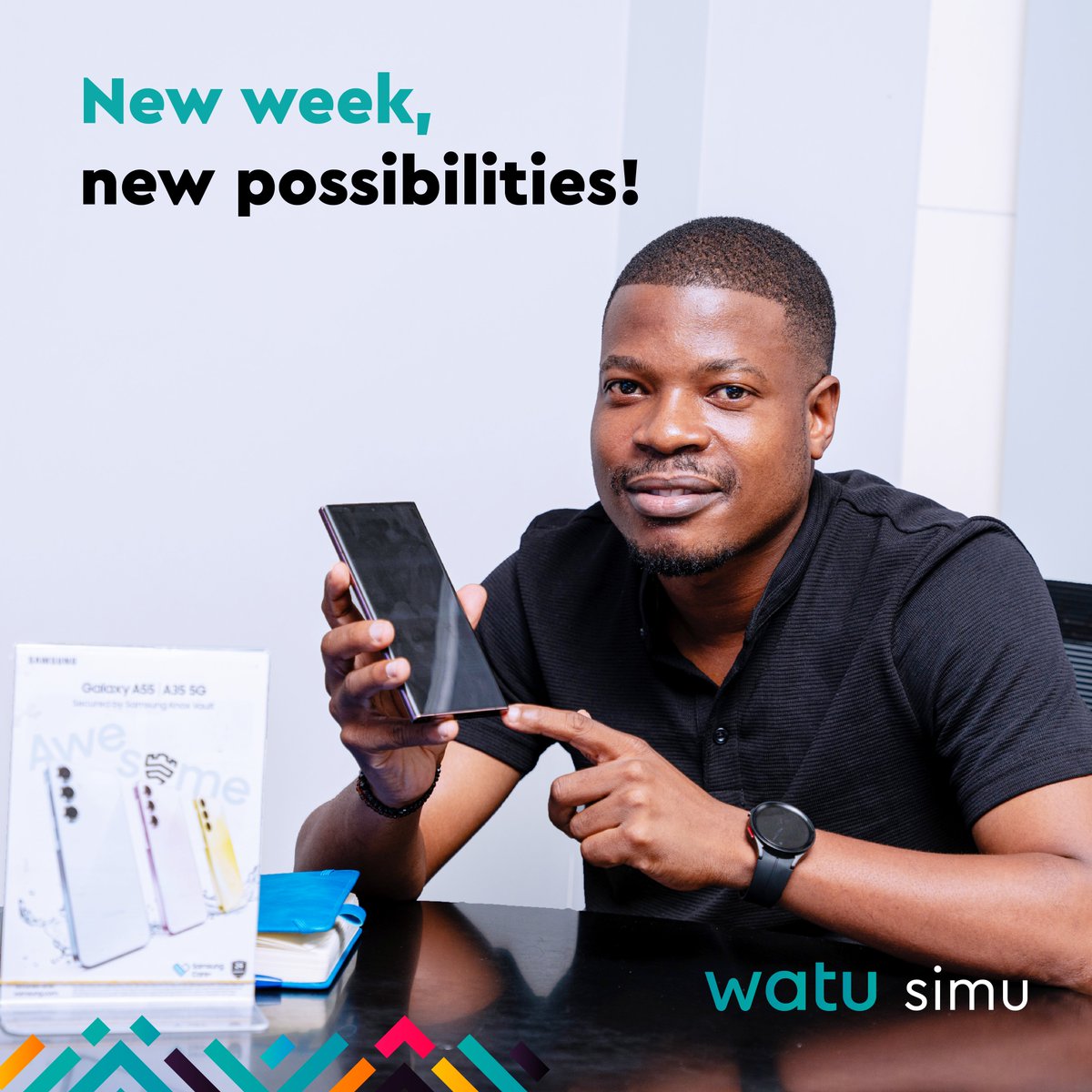 WatuSimu's tweet photo. Start your Monday right with a brand-new smartphone.  To get started, visit one of our select stores today or call us at 0800 722 245 for more details!

#MondayMotivation #Smartphone #SmartphoneFinancing #WatuSimu https://t.co/2qJ6lzQzbM