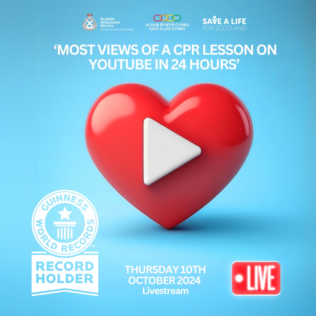 JStarling_SaLC's tweet image. New Guinness World record!!! We did it!!!!
For the most views of a CPR lesson on YouTube. 👏👏
Massive thanks ❤️ to everyone who viewed and shared our posts about the #RSAHLive you can still view it here 👉 restartaheart.live