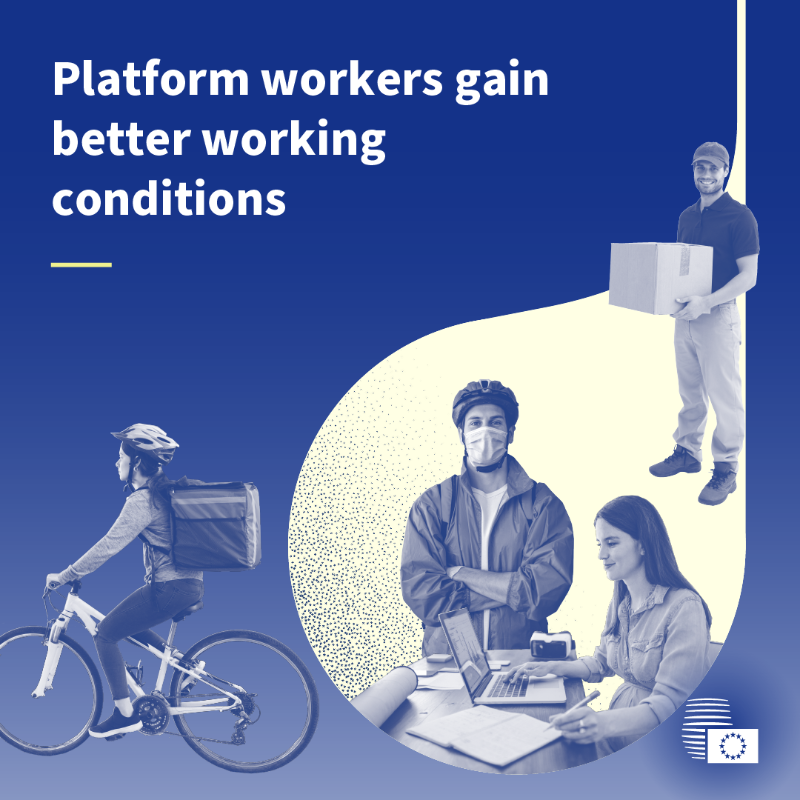 EUCouncil's tweet photo. 👩‍✈️ 🚴‍♂️ 👩🏻‍💻 Delivery riders, drivers, babysitters and other workers who get work through an app or a website could soon benefit from better working conditions under new EU rules. 

Discover more about the new rules. 👇

#PlatformWork #PlatformWorkDirective #GigEconomy