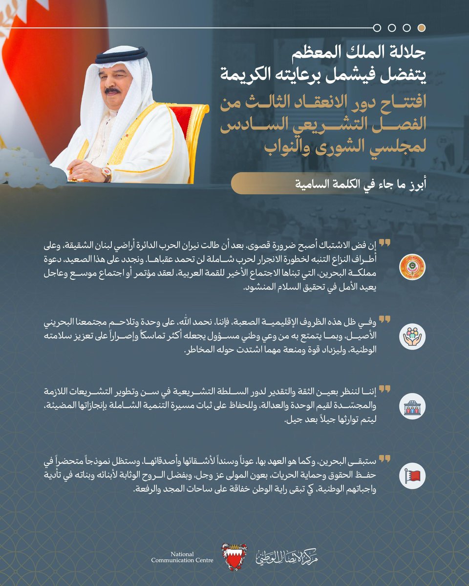 أبرز ما جاء في الكلمة الملكية السامية لحضرة صاحب الجلالة الملك #حمد_بن_عيسى آل خليفة ملك البلاد المعظم حفظه الله ورعاه، لدى رعايته الكريمة لافتتاح دور الانعقاد الثالث من الفصل التشريعي السادس لمجلسي الشورى والنواب #البحرين