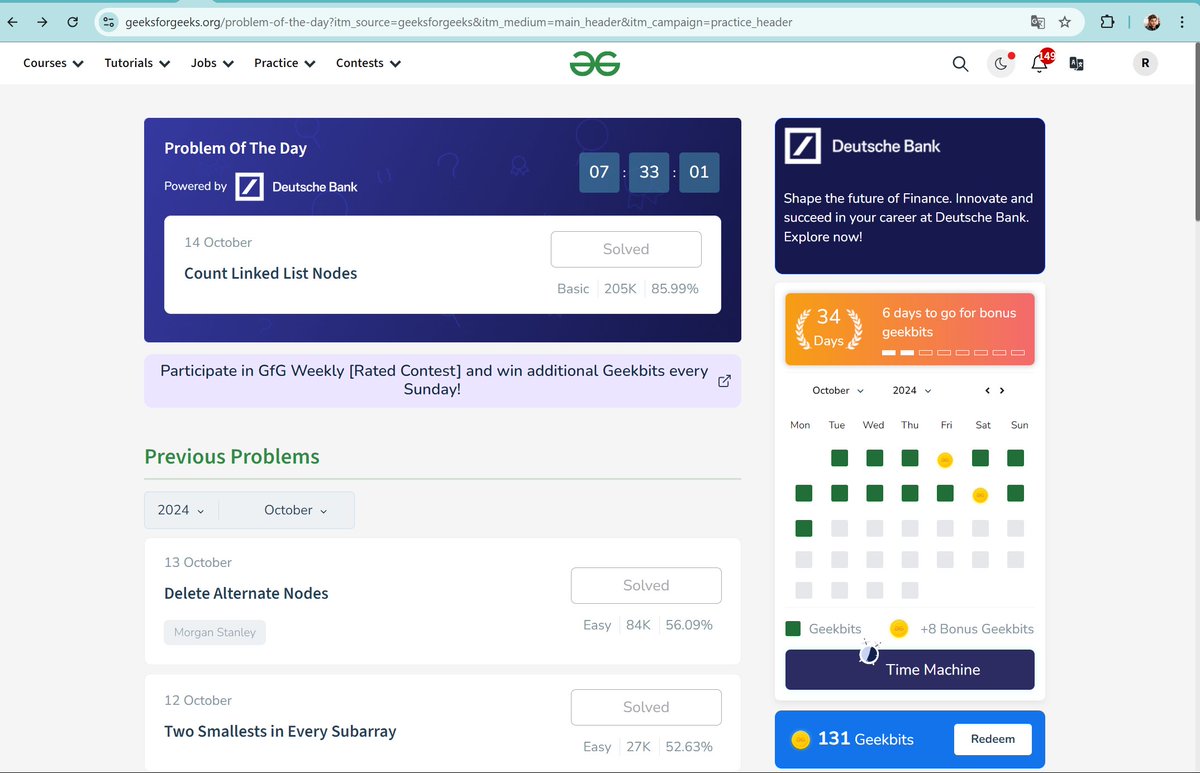 Day 34 of #geekstreak2024! 🎉 Solved the POTD "Count Linked List Nodes"📷
<a href="/geeksforgeeks/">GeeksforGeeks | Learn to Code</a>
<a href="/DeutscheBank/">Deutsche Bank</a>
14 October 2024📷#DSA #DeutscheBank