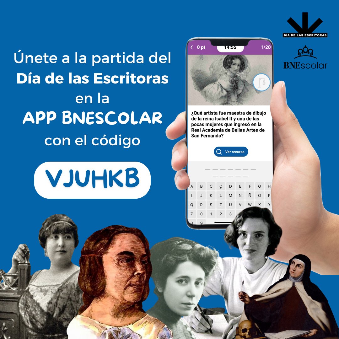 En celebración del Día de las Escritoras, te invitamos a unirte a un reto. Juega con nosotros utilizando la app #BNEscolar y responde preguntas sobre las grandes escritoras que han dejado huella en la literatura, utilizando recursos de la <a href="/BNE_biblioteca/">Biblioteca Nacional de España</a>.
 
¿Cómo participar?⬇️