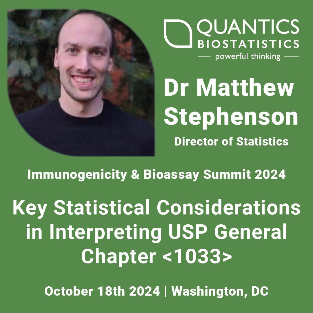 Are you at #CHI's #Immmunogenicity &amp; #Bioassay Summit this week? Be sure to catch Matthew's #talk! 

⏰ 10/18, 11:30am EDT
📝 Key Statistical Considerations in Interpreting #USP General Chapter &lt;1033&gt; 
🙍‍♂️ Dr Matthew Stephenson

#biostatistics #bioassay #immunogenicity #statistics