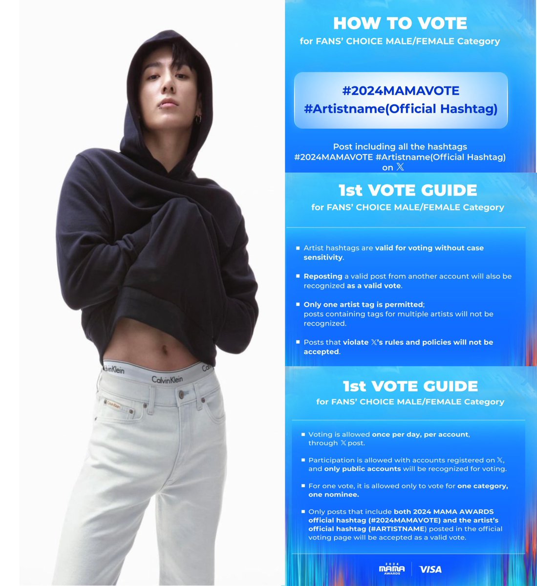 📢HOW TO VOTE FOR JUNGKOOK ON “X for 2024 MAMA AWARDS “Fan’s Choice Male”

I vote only #Jungkook at the 2024 MAMA Awards #2024MAMAVOTE 

▫️ONE VOTE/ PER DAY/ PER ACCOUNT
▫️REPOST/RT COUNTS AS VOTE
▫️ONLY public accounts