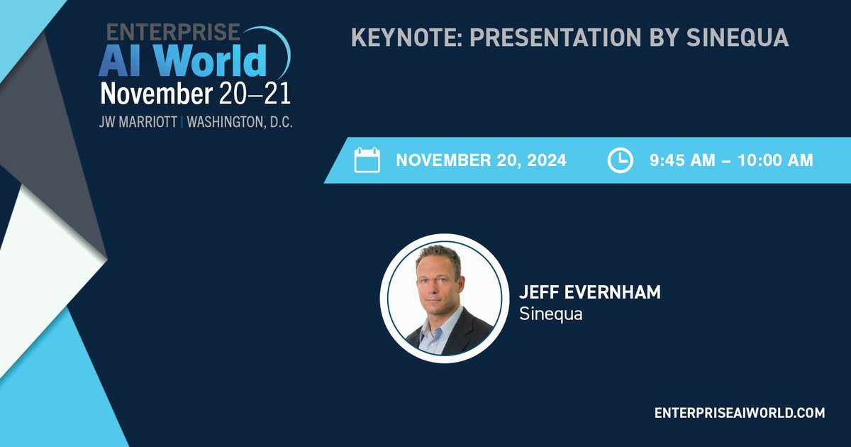 Jeff Evernham, <a href="/sinequa/">Sinequa</a>, will present a keynote at #EnterpriseAIWorld on leveraging search, AI, and LLMs to transform business operations. Register before Oct. 18th for Early Bird Pricing, use code EAIW24! ow.ly/qHv130sH3Qi