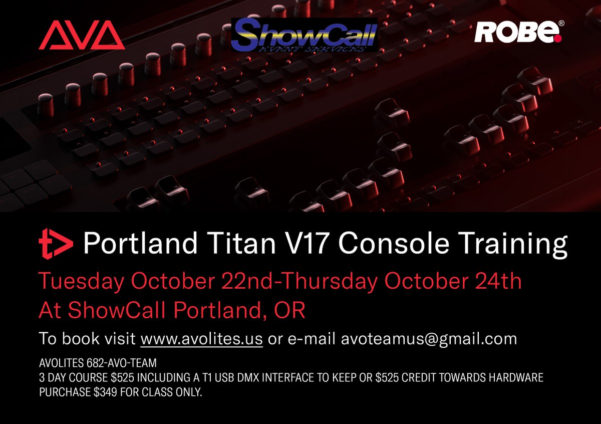 📣 Attention Portland Avo Community! Our product specialist, Kade Behm, will be running a three-day Titan V17 training course in your area. To register visit avolites.us or 📧 email avoteamus@gmail.com #Avolites #Training #AvolitesTitan #LightDesigner #AV
