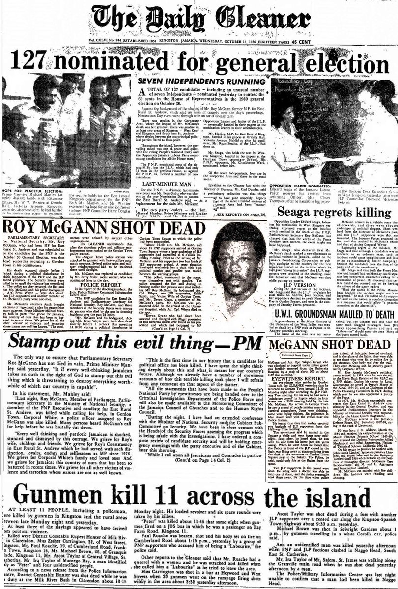 44 years ago today, early morning 14 Oct 1980, Roy McGann, Member of #Jamaica’s Parliament for St. Andrew East Rural and police bodyguard Cpl Errol White shot to death in Gordon Town during confrontation between JLP and PNP supporters. His final words heard on a radio