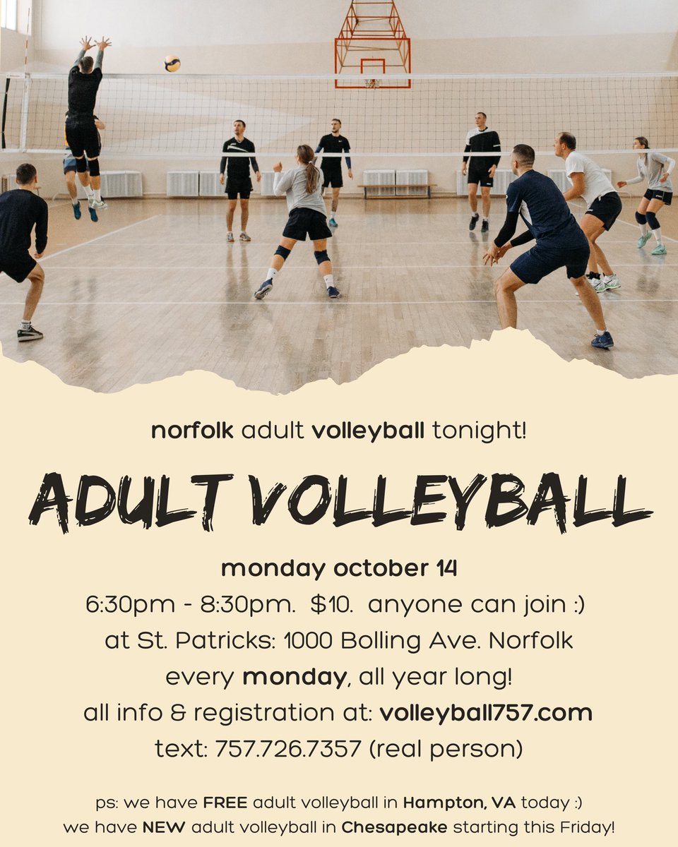 🏐 Adult Volleyball tonight in Norfolk ⚓️ 

Hampton &amp; Chesapeake options as well!
Volleyball757.com • 757.726.7357