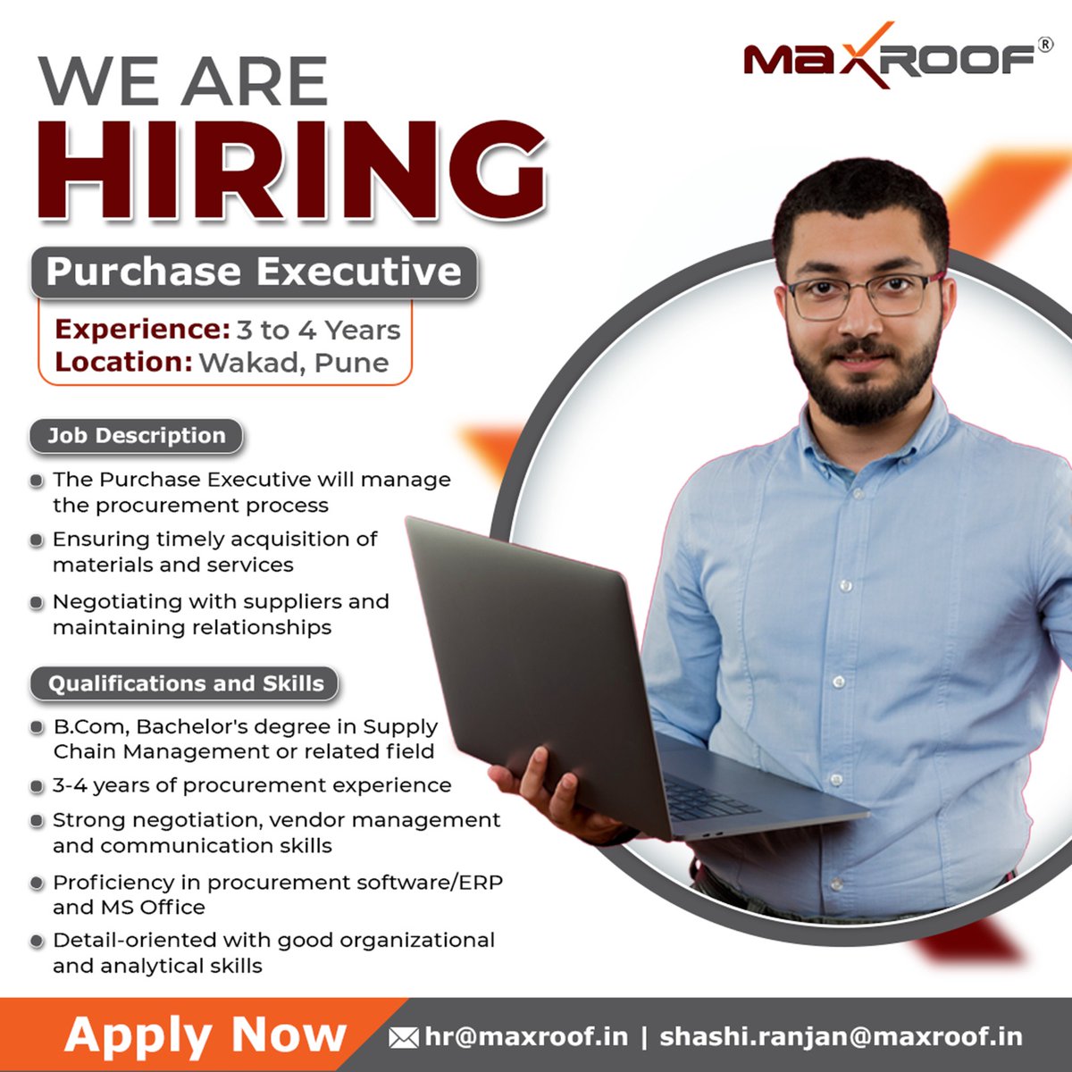 maxroofindia's tweet image. Join our team in Wakad as a Purchase Executive.
If you have 3-4 years of procurement experience and strong supplier skills, send your resume to hr@maxroof.in 

Let’s grow together
Send your resume to &amp;lt; hr@maxroof.in | 

#Hiring #PurchaseExecutive #Pune #ApplyNow #Maxroof