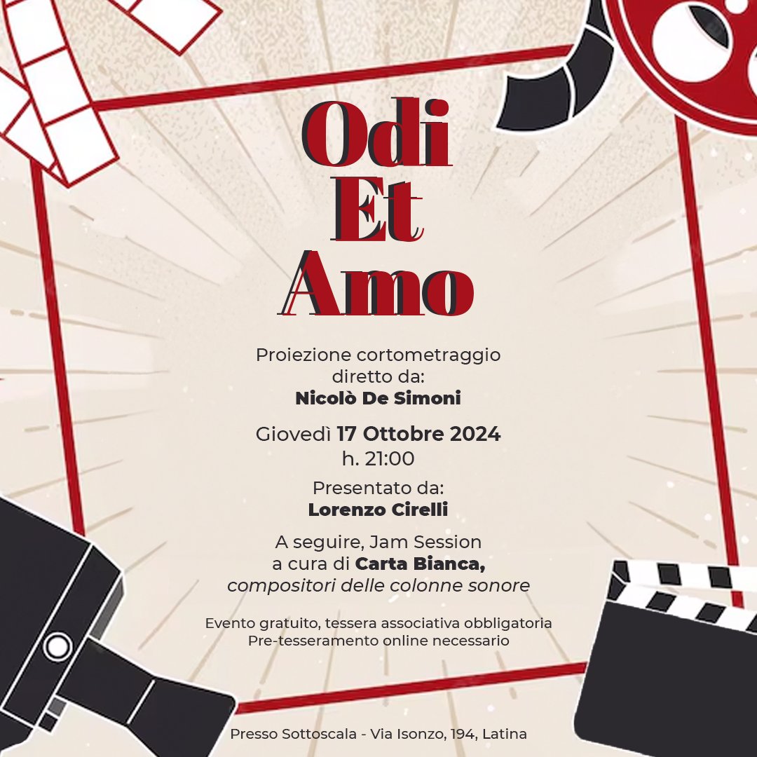 PDJM03's tweet photo. Nuova proiezione del cortometraggio "Odi et Amo" di Nicolò De Simoni giovedì 17 ottobre ore 21:00 presso il Sottoscala, Latina 📍
A seguire Jam Session organizzata da Carta Bianca aperta a tutti i musicisti! 🎶

Per maggiori info ℹ️ 👉 https://t.co/58Qxo5Jhq8 https://t.co/J2PPml9JjJ