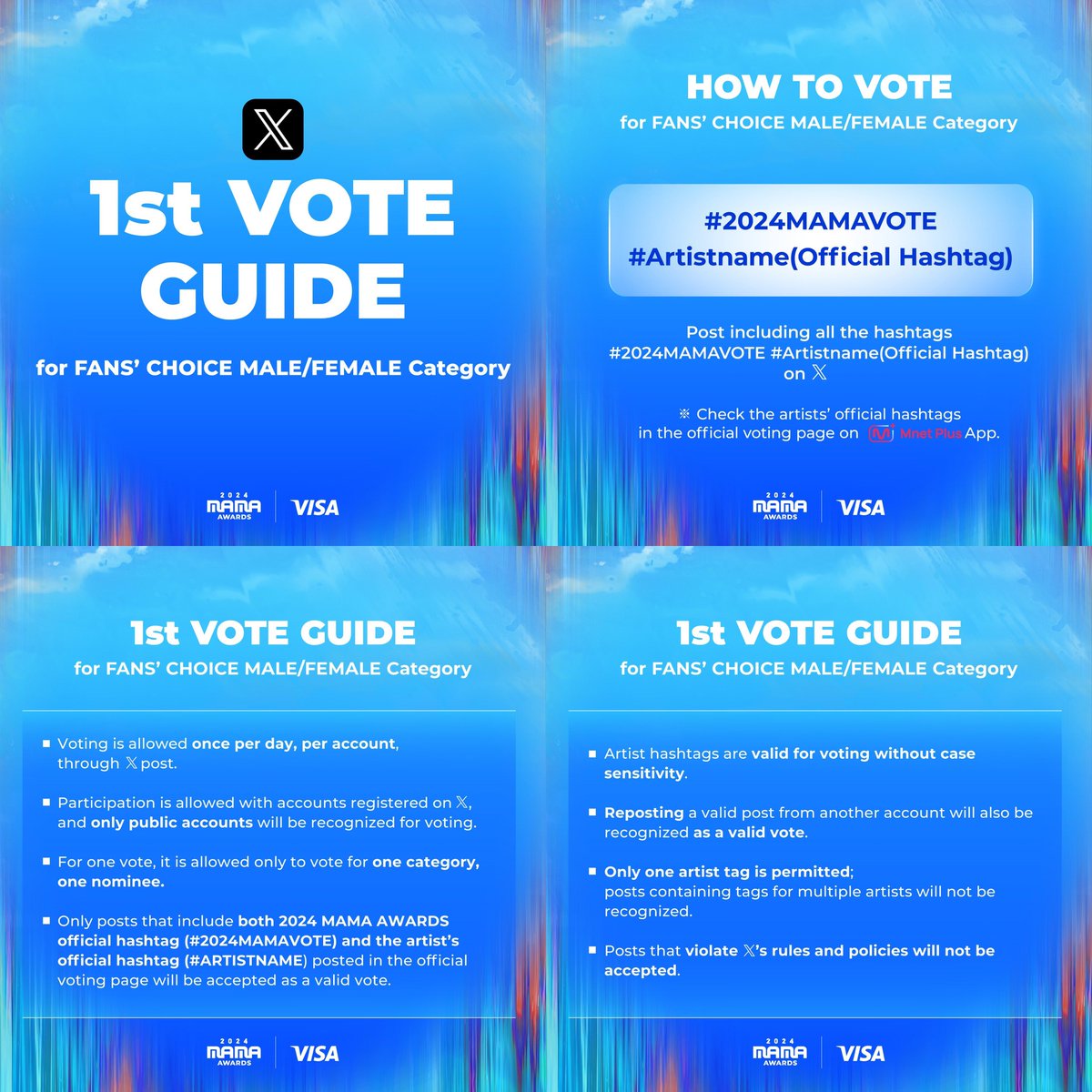 jenniepics's tweet photo. 2024 MAMA AWARDS ‘X’ 1st VOTING GUIDE!

⏰ 24.10.14 19:00 - 24.10.25 23:59 (KST)

🚨 Important:
ㅡ Only once per day, per account
ㅡ Only public accounts
ㅡ RT counts as a valid vote https://t.co/8YnTY1A9un