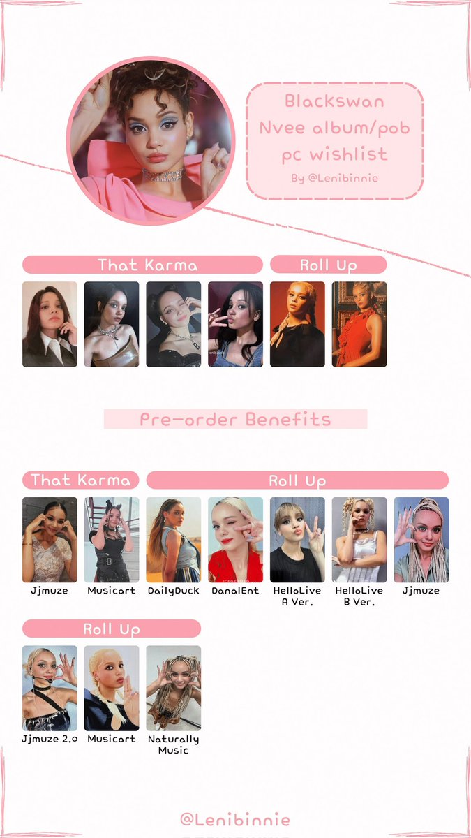 Lenibinnie's tweet photo. Blackswan (pob) photocard templates/wishlists! Added jjmuze 2.0 pobs! (tysm again @tofustans_ 🫶🏼)
DO NOT remove my @ please☺️
#Fatou #Nvee #Gabi #Sriya
#BLACKSWAN_ROLL_UP #BLACKSWAN #BLACKSWANCOMEBACK https://t.co/DiHl21PFSc