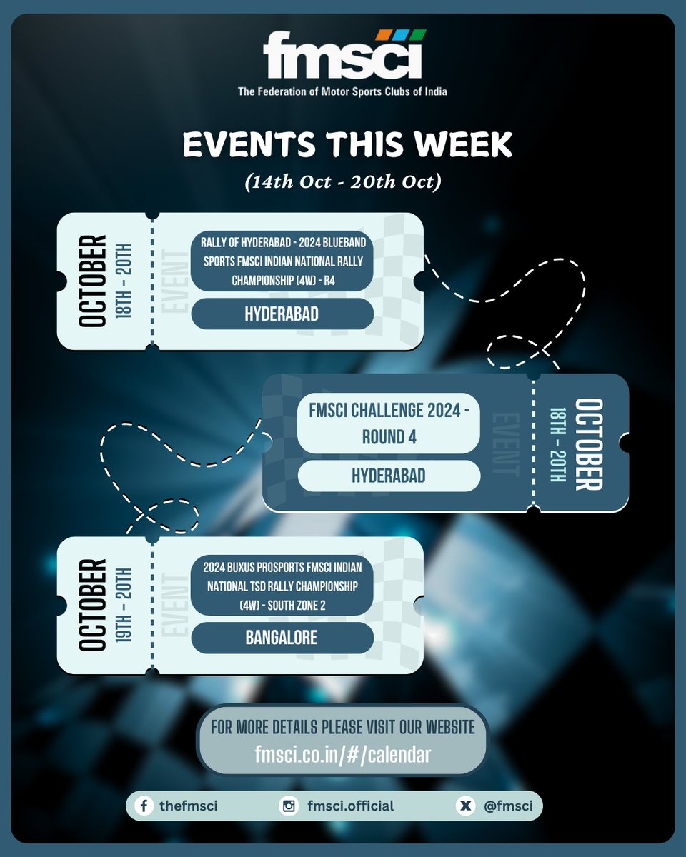fmsci's tweet photo. ποΈ Get Ready for an Action-Packed Week! ππ¨
The Federation of Motor Sports Clubs of India (FMSCI) is bringing you an exhilarating lineup of motorsports events this week! π
π
14th Oct - 20th Oct
.
.
#FMSCI #MotorsportsIndia #RacingEvents #JKTyre #RoyalEnfieldGT https://t.co/ByfNljsibb