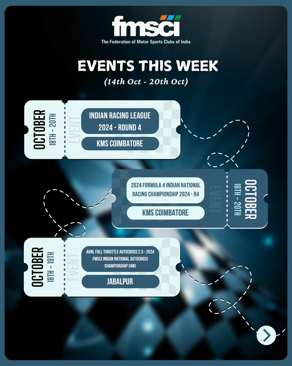 fmsci's tweet photo. ποΈ Get Ready for an Action-Packed Week! ππ¨
The Federation of Motor Sports Clubs of India (FMSCI) is bringing you an exhilarating lineup of motorsports events this week! π
π
14th Oct - 20th Oct
.
.
#FMSCI #MotorsportsIndia #RacingEvents #JKTyre #RoyalEnfieldGT https://t.co/ByfNljsibb