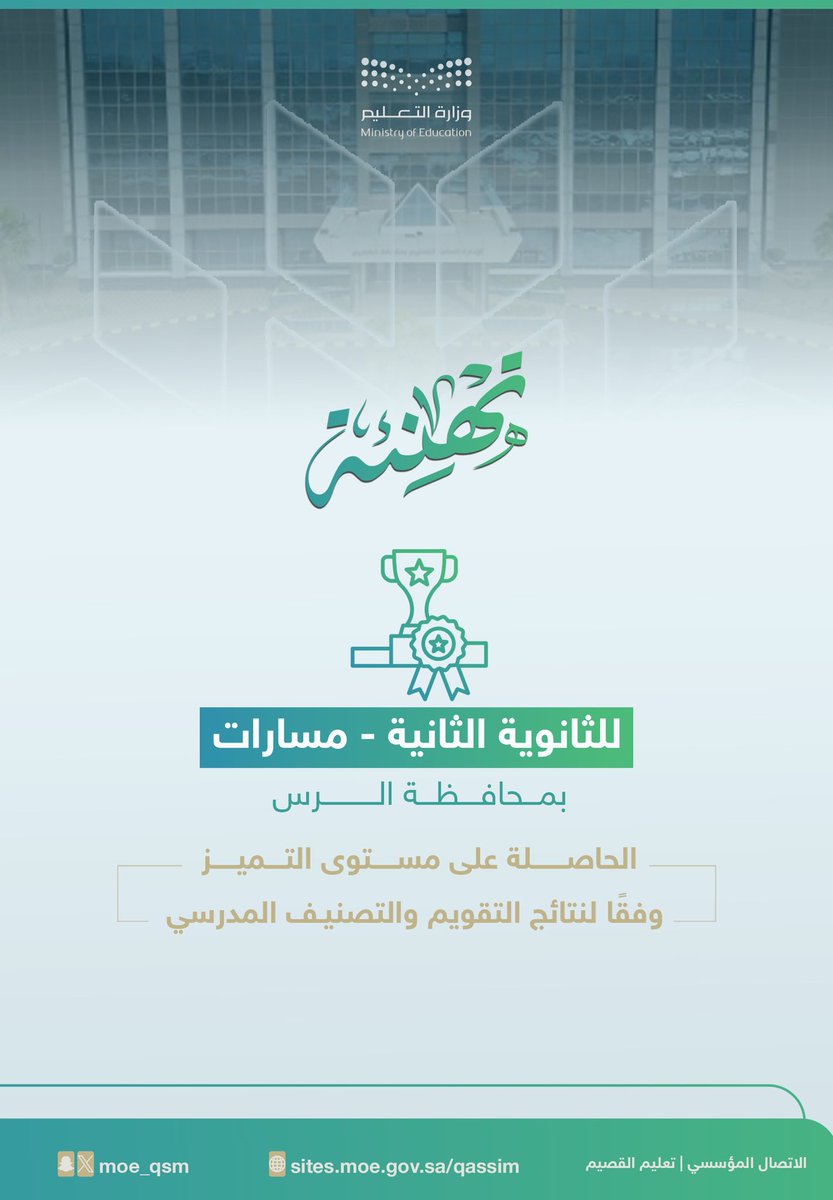 moe_qsm's tweet photo. 💐تهنئة|

#تعليم_القصيم تهنئ الثانوية الثانية (مسارات) بـ #تعليم_الرس ؛ لحصولها على مستوى التميز وفقًا لنتائج التقويم والتصنيف المدرسي، وتكريمها في ⁧#الملتقى_الوطني_للتميز_المدرسي https://t.co/7N76EBuhC3
