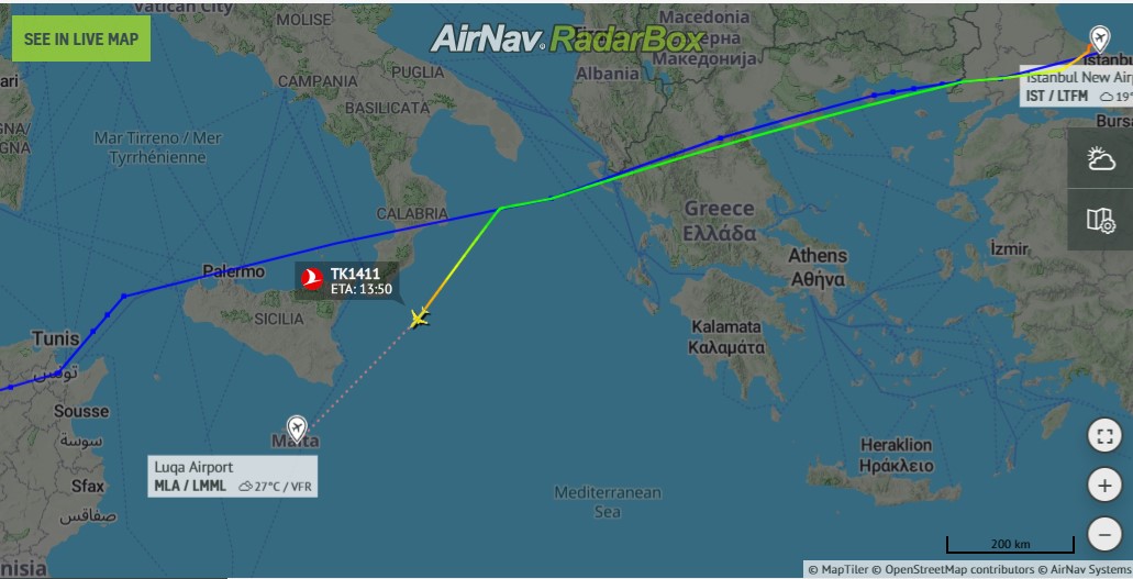 AvSourceNews's tweet photo. Flight TK1411 declared the emergency from the cruise and is currently on a direct track for Malta Luqa International Airport (MLA).
The nature of the emergency prompting the off-track diversion is not yet known.
https://t.co/WHM0gU8Y7T
#TurkishAirlines #Malta #Luqa #AvGeek https://t.co/6fdEs2BuG0