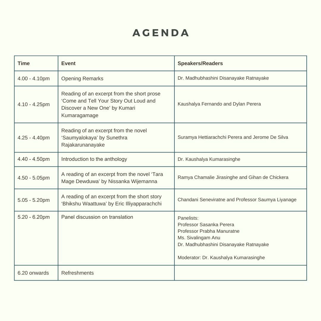 Translation Evening and Release of the Second Print of the Sarasavi Edition of the 'The Routledge Companion to Sinhala Fiction from Post-War Sri Lanka'

Date: 30th October 2024
Time: 4.00pm onwards
Venue: ICES Auditorium, Colombo 08

Register here: forms.gle/jGqrQcw4NTU2qj…