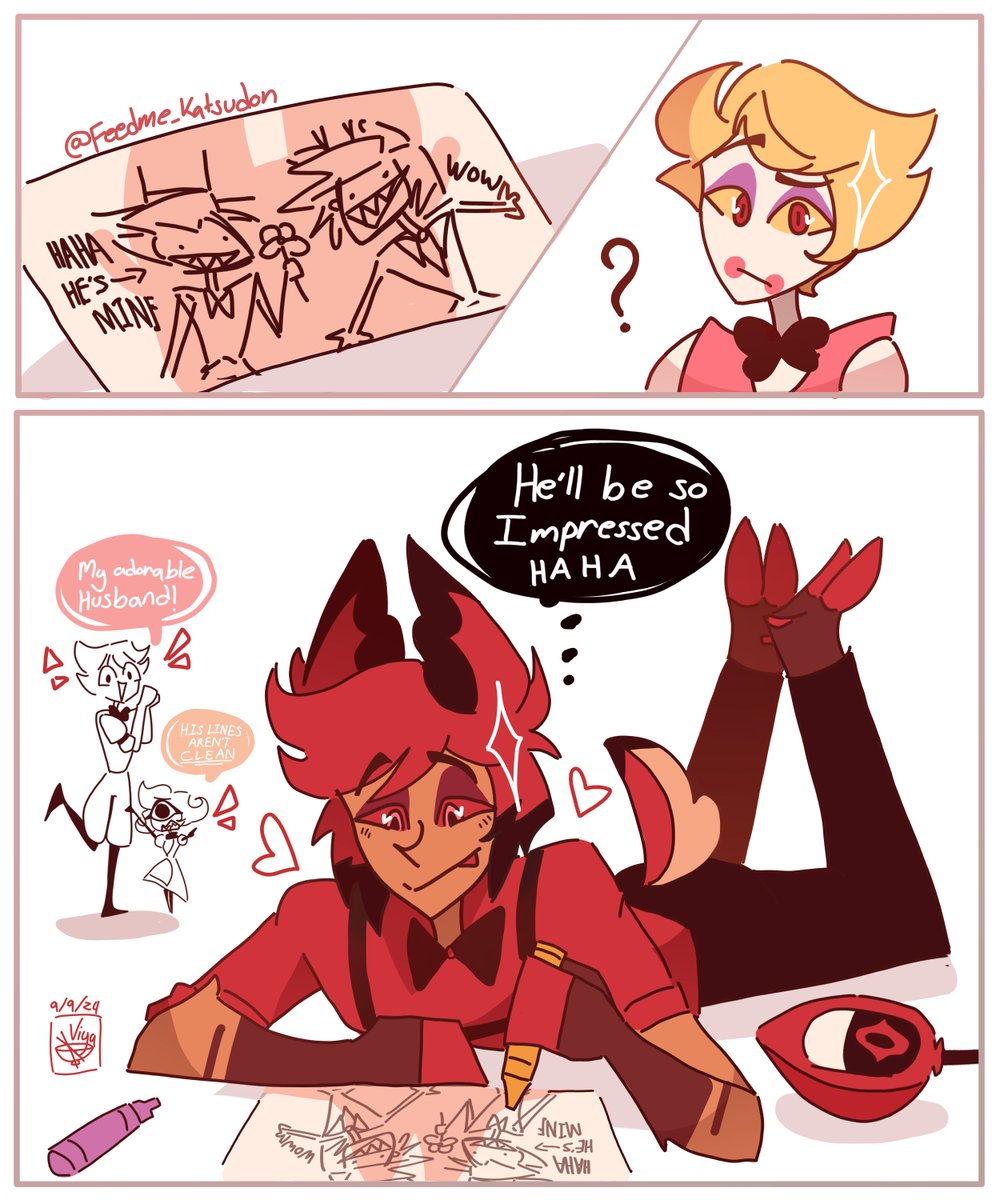 FeedMe_Katsudon's tweet photo. Guess who realized they had a piece for Day 3 but forgot to post? 🫠

Anyways, Day 3 is Creation/Love~✨

#HazbinHotel #HazbinHotelLucifer #HazbinHotelAlastor #RadioApple #AppleRadio #LuciferWeek2024 https://t.co/rBBuV8puRK
