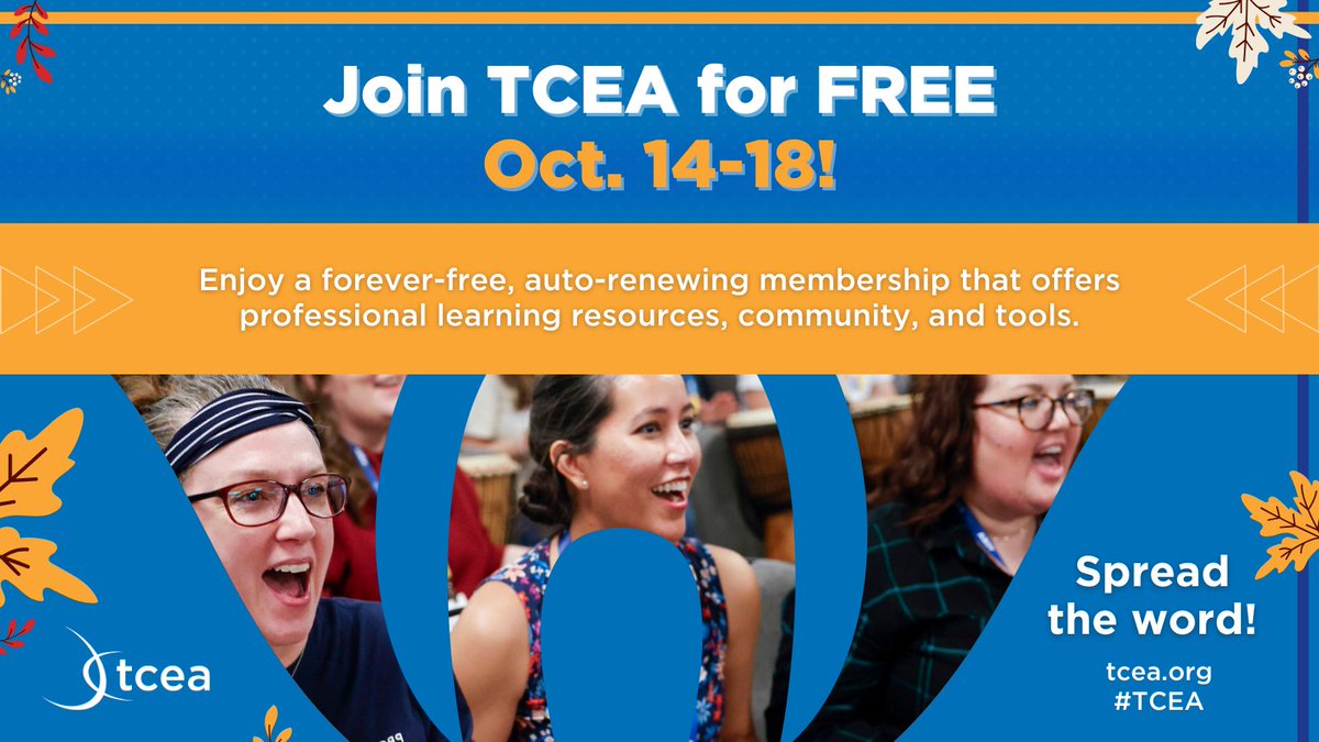 TCEA's tweet image. 🎃 What’s sweeter than candy? FREE membership! From Oct. 14-18, grab your FREE, auto-renewing membership!

✨Skip the $49 fee—pay $0.
✨Endless resources for life!

Join 75,000+ educators now! Don’t ghost us!

sbee.link/pmqkx9y4ug
#teachers #edutwitter #librarytwitter #TCEA