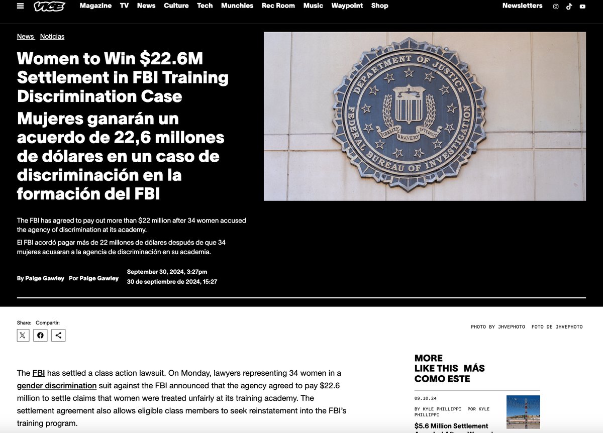 Deep_Translate's tweet image. 34 women win a $22.6M settlement in an FBI training discrimination case. Want to read this inspiring story in both your native language and a foreign one?  With DeepTranslate, enjoy seamless bilingual reading on Vice News!  #BilingualReading #Feminism #WomenEmpowerment  #ViceNews