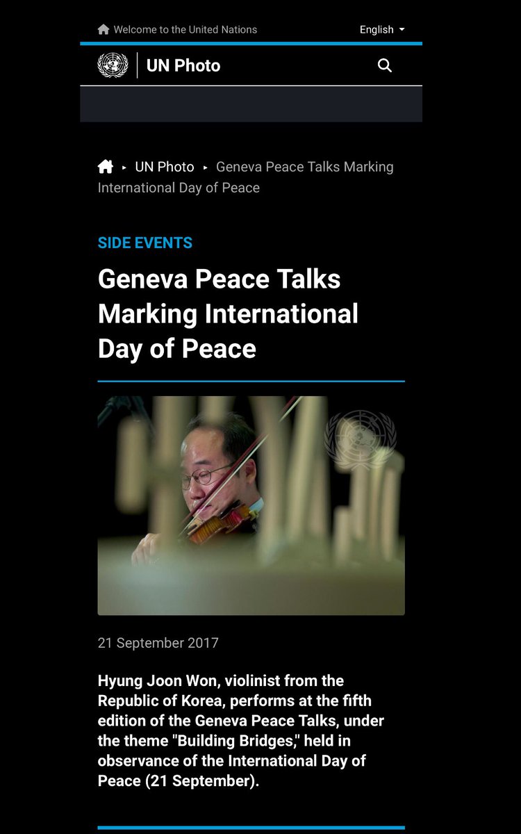 hyungjoonwon's tweet photo. [UN Photo] Geneva Peace Talks Marking International Day of Peace

HyungJoon Won, violinist from the Republic of Korea, performs at the fifth edition of the Geneva Peace Talks, under the theme "Building Bridges," held in observance of the International Day of Peace (21 September). https://t.co/hi2aTTMdiQ