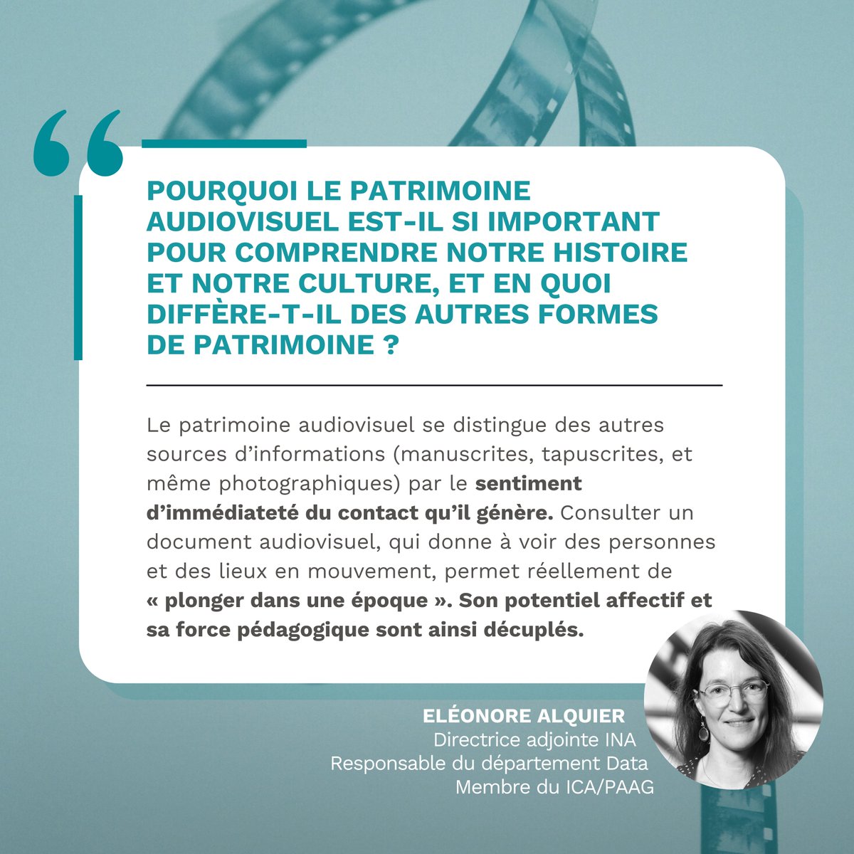 ICArchiv's tweet photo. 🎙💬 Paroles d'expert·e·s : Eléonore Alquier, Directrice adjointe de l'INA, Responsable du Département Data et membre du ICA/PAAG (@archcollector)

Le patrimoine audiovisuel est un outil puissant pour se connecter à notre passé, offrant une expérience vivante et immersive que les documents écrits ou photographiques ne peuvent égaler. À l'approche de la #JournéeMondialeDuPatrimoineAudiovisuel, nous réfléchissons à son importance unique et aux défis qu’il rencontre dans le paysage technologique en constante évolution d’aujourd’hui.

Eléonore Alquier nous explique pourquoi la préservation des archives audiovisuelles est cruciale : elles ne se contentent pas de capturer des moments dans le temps, elles offrent également une connexion émotionnelle et éducative irremplaçable.

Cependant, ces archives font face à des risques majeurs, comme l’obsolescence des outils, des formats illisibles et l’absence de métadonnées. Les archives audiovisuelles sont essentielles pour comprendre les évolutions sociétales et les expériences humaines—protégeons-les pour les générations futures !

#WDAH2025 #PatrimoineAudiovisuel