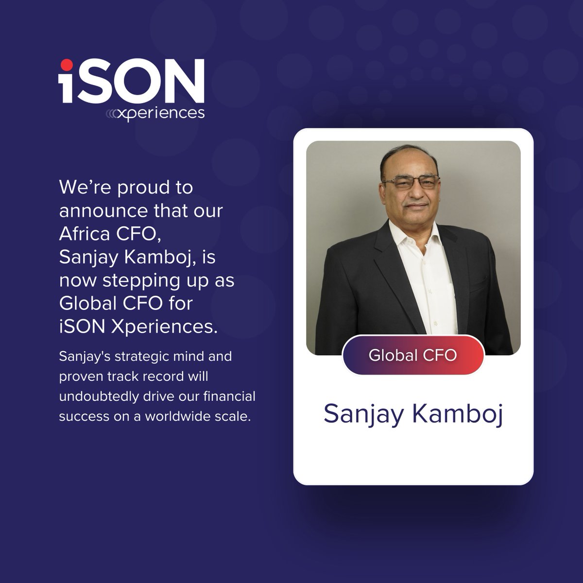 ISON_BPO's tweet photo. Congratulations to Sanjay Kamboj, on his well-deserved promotion to Global CFO at iSON Xperiences. We're excited to see him bring his expertise, leadership, and vision to this global role, driving new successes across the organisation. #GlobalCFO #iSONXperiences https://t.co/MkWgtk7LaX