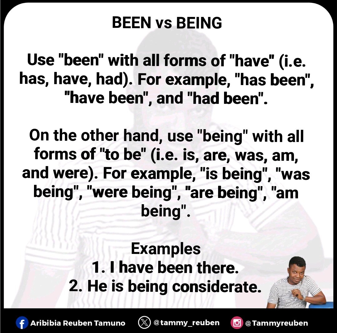tammy_reuben's tweet photo. The Difference between “Been” and “Being” https://t.co/oH2KTw5ihM