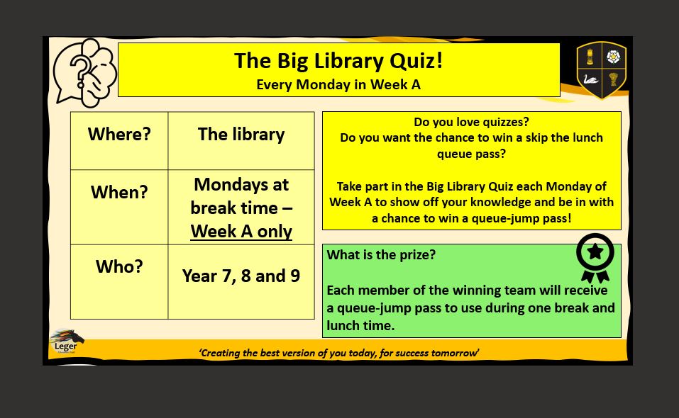 CampsmountAcad's tweet photo. Excellent attendance shown at the final Big Library Quiz of Half Term 1. Congratulations to our winning team consisting of: Archie, Maciej, Darlinton and Molly! The next Big Library Quiz will be after half term, on Monday 4th November. #testyourknowledge https://t.co/fTCnXaiBoE