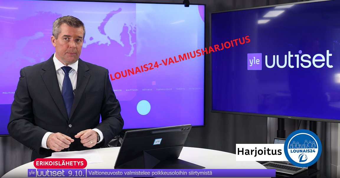 9-10.10 testades i Satakunta &amp; Egentliga Finland förmågan att hantera en omfattande störning i eldistributionen. Yles redaktion i Åbo stödde övningen med nyhetsvideor som livade upp upplevelse av den fiktiva störningssituationen. Läs mer om #LOUNAIS24 : avi.fi/sv/pressmeddel…